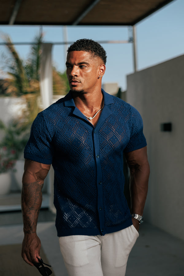 Father Sons Crochet Shirt Caribbean Blue Short Sleeve - FSJ079