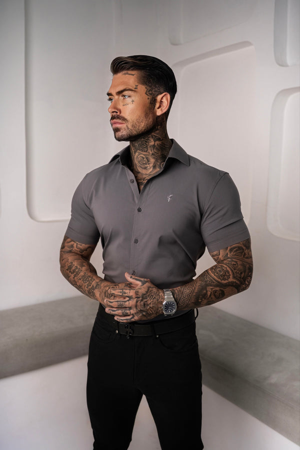 Father Sons Muscle Fit Advanced Stretch Charcoal Short Sleeve with Cutaway Collar - FS1206