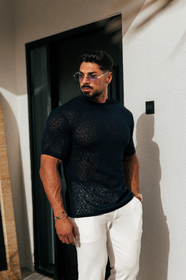 Father Sons Crochet Crew T-Shirt Navy Short Sleeve - FSJ090