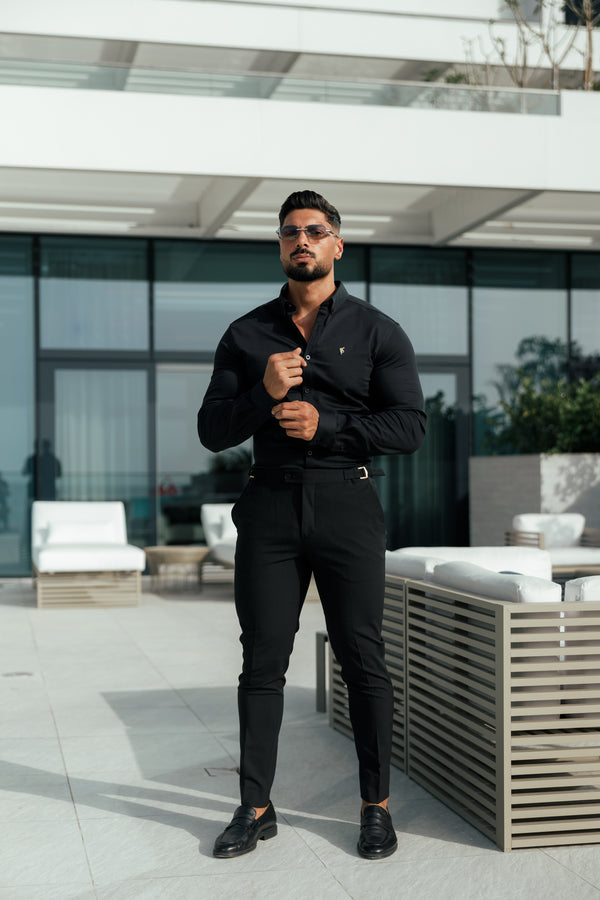 Father Sons Slim Formal Black Stretch Trousers With Gold Waist Adjusters - FST036