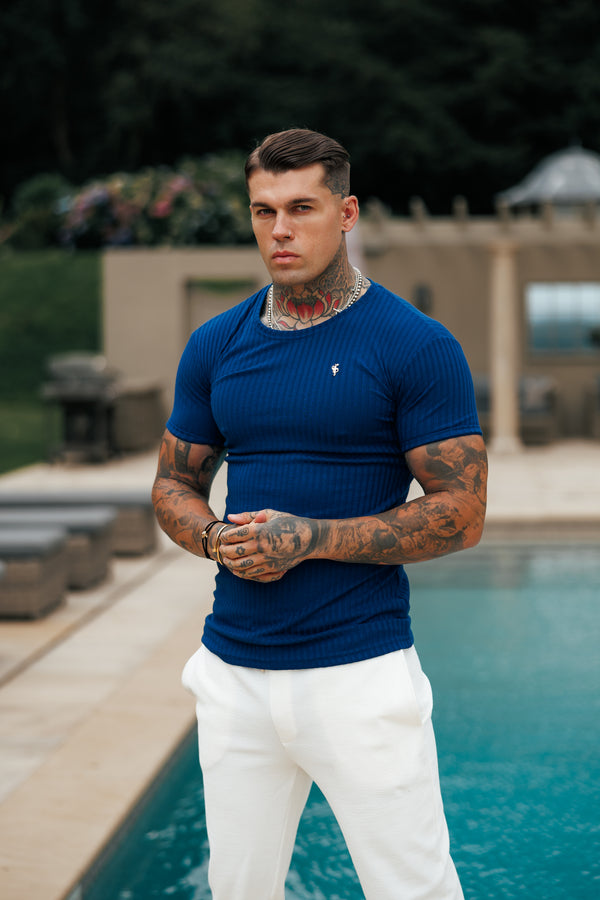 Father Sons Classic New Navy / Gold Ribbed Knit Super Slim Short Sleeve Crew - FSH1383