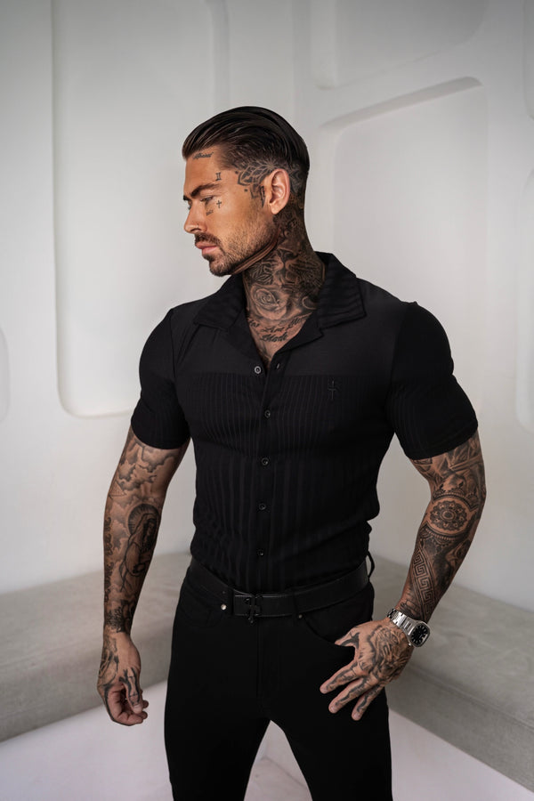 Father Sons Jersey Revere Vertical Stripe Black Shirt Short Sleeve - FSR024