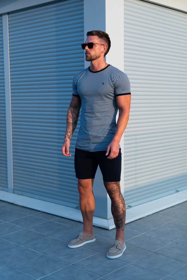 Father Sons Printed Black / Blue Check Fitted T Shirt - FSH1240