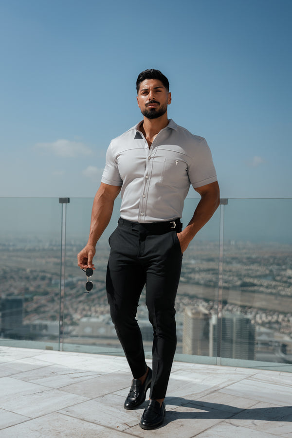 Father Sons Slim Formal Black Stretch Trousers With Silver Waist Adjusters - FST035