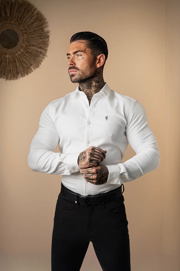 FS Super Slim Stretch White Denim Long Sleeve with Silver Metal Decal - FS1209