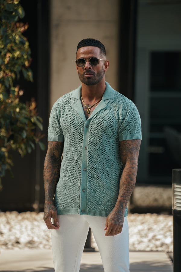 Father Sons Crochet Shirt Light Green Short Sleeve - FSJ083