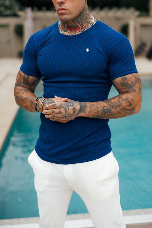 Father Sons Classic New Navy / Gold Ribbed Knit Super Slim Short Sleeve Crew - FSH1383