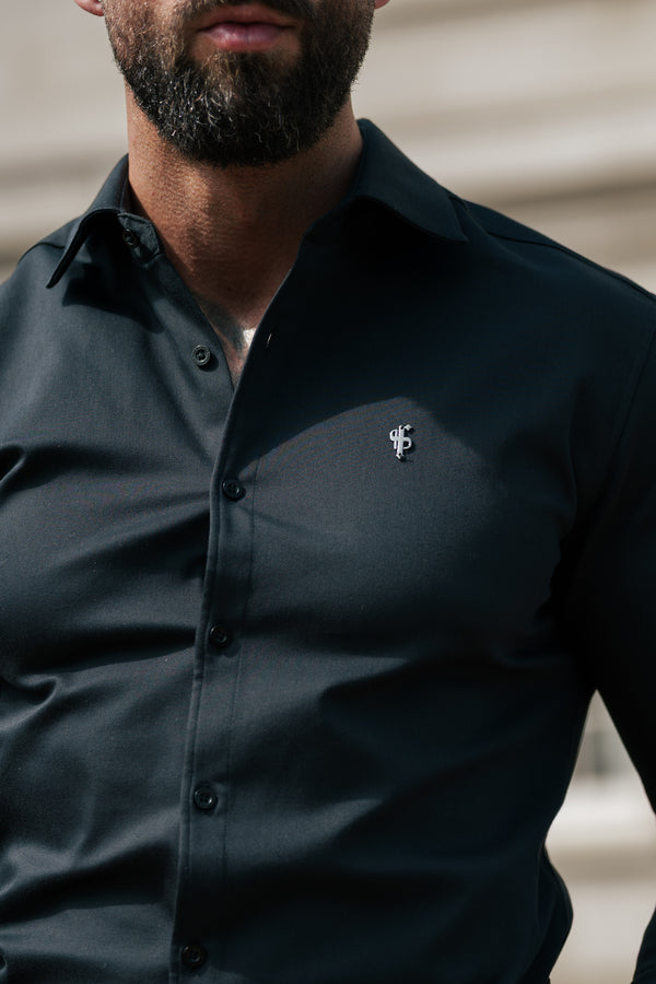 FS Super Slim Stretch Black Denim Long Sleeve with Gunmetal Metal Decal and Cutaway Collar - FS1169