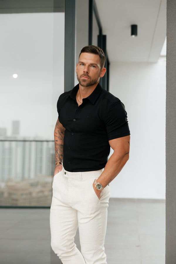 Father Sons Super Slim Scuba Black Short Sleeve Stretch with Cutaway Collar- FS1145