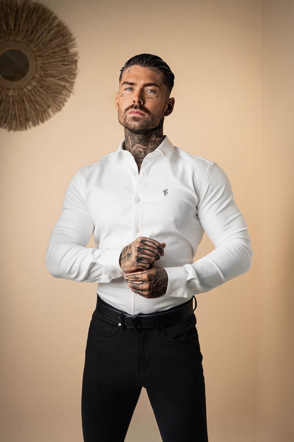 FS Super Slim Stretch White Denim Long Sleeve with Silver Metal Decal - FS1209