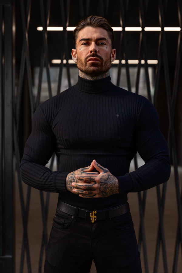 Father Sons Classic Black Ribbed Knit Roll-neck Jumper - FSH952