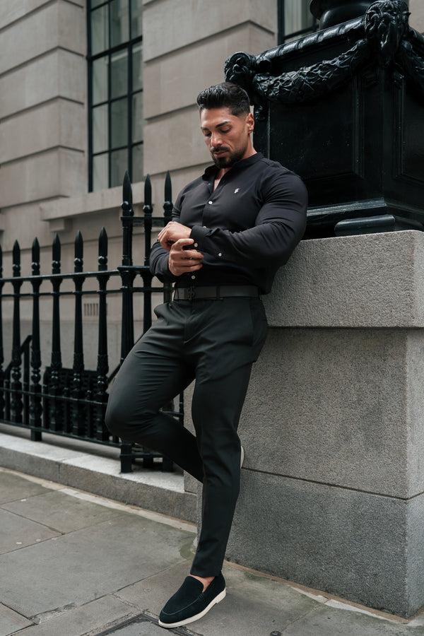 Father Sons Super Slim Scuba Black / Silver Long Sleeve Stretch with Grandad Collar - FS1191