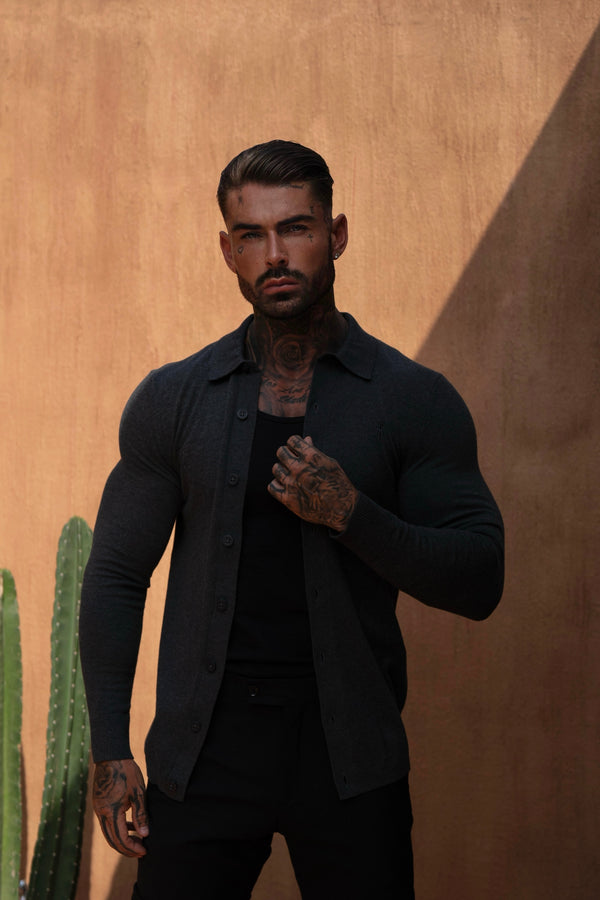 Father Sons Classic Plain Charcoal Knitted Button Through Polo Long Sleeve - FSN168