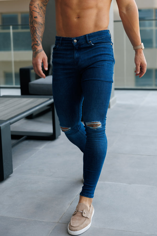 Father Sons Ultra Stretch Mid Blue Slim Jeans with Knee Rips - FSJEAN011