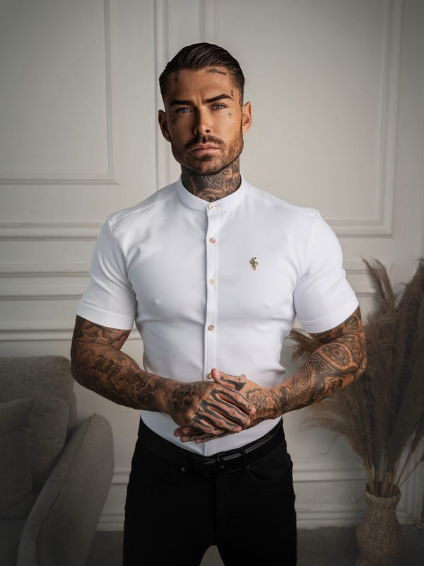 Father Sons Super Slim Stretch White Denim Short Sleeve Grandad collar with Metal Buttons and Decal Emblem - FS720