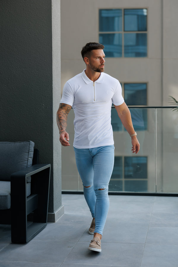 Father Sons Ultra Stretch Mid Blue Slim Jeans Bleached with Knee Rips - FSJEAN012