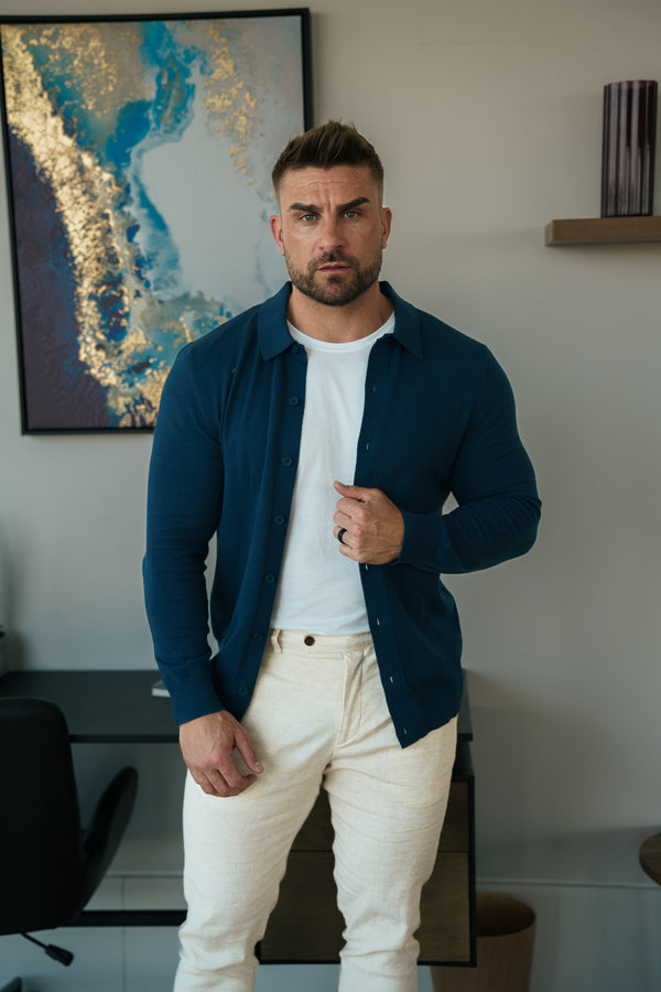 Father Sons Classic Plain New Navy Knitted Button Through Polo Long Sleeve Sleeve - FSN212