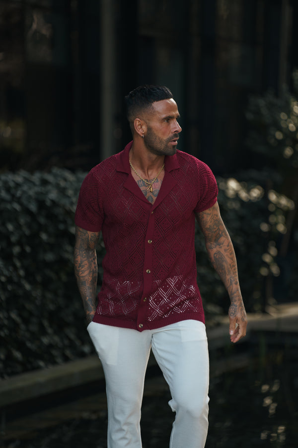 Father Sons Crochet Shirt Wine Short Sleeve - FSJ082