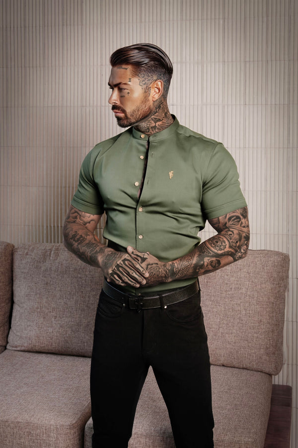 Father Sons Super Slim Stretch Khaki Denim Short Sleeve Grandad collar with Metal Buttons and Decal Emblem - FS716