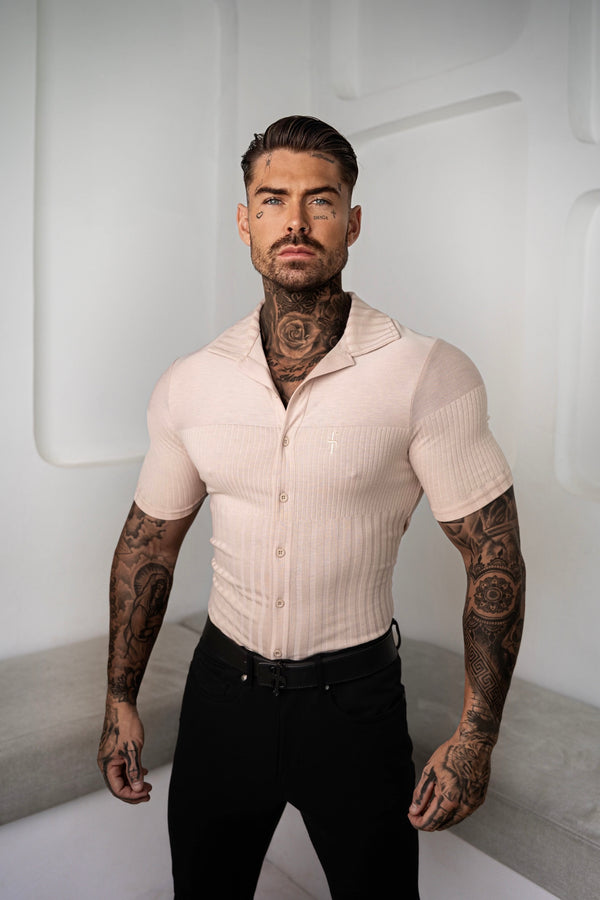 澳洲幸运5开奖号码结果预测官网 Father Sons Jersey Revere Vertical Stripe Beige Shirt Short Sleeve - FSR026