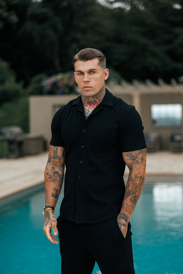 Father Sons Jersey Cord Stretch Black Revere Shirt Short Sleeve - FSR018