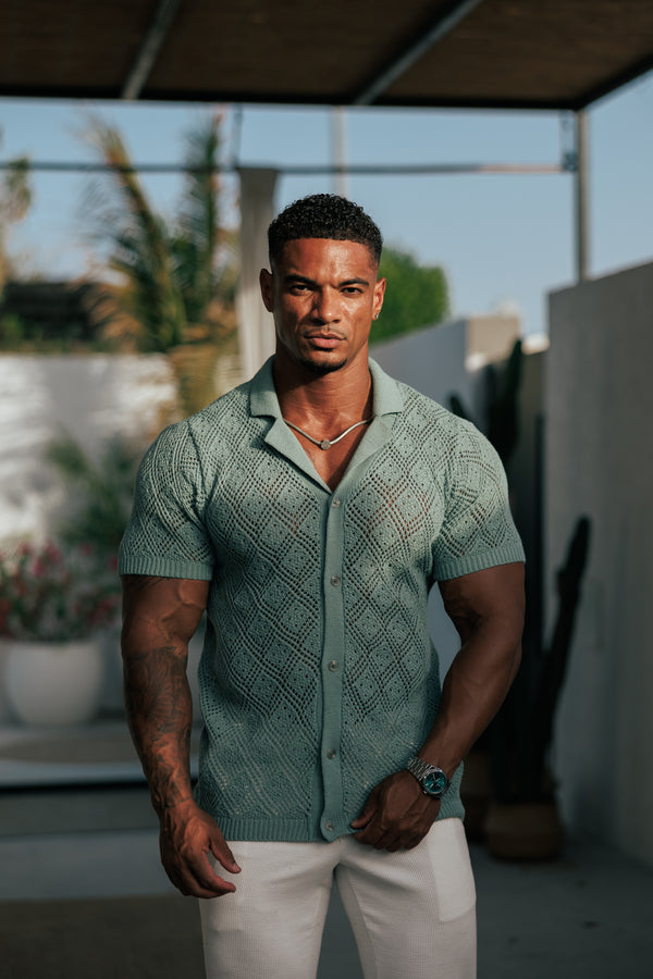 Father Sons Crochet Shirt Light Green Short Sleeve - FSJ083