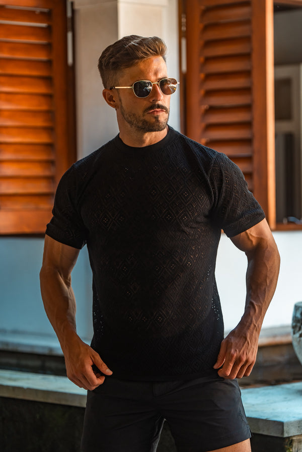 Father Sons Crochet Crew T-Shirt Black Short Sleeve - FSJ085