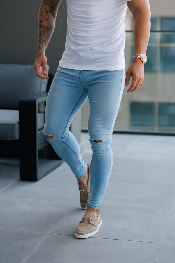 Father Sons Ultra Stretch Mid Blue Slim Jeans Bleached with Knee Rips - FSJEAN012
