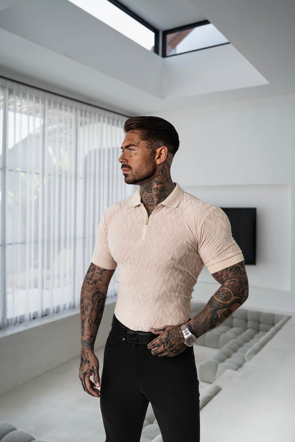 Father Sons Classic Jacquard Beige Chevron Zipped Polo - FSR023