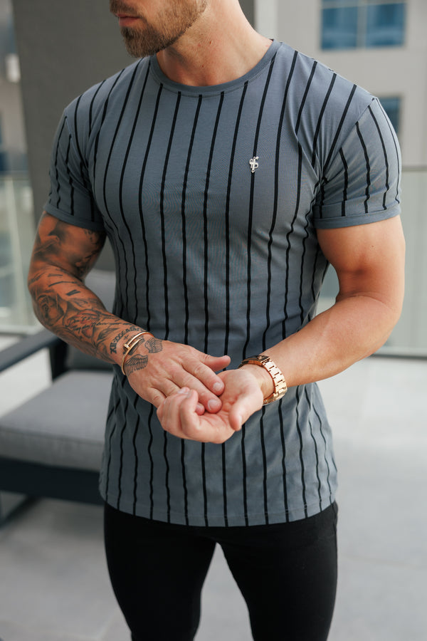 Father Sons Printed Charcoal / Black Stripe Fitted T Shirt - FSH1375