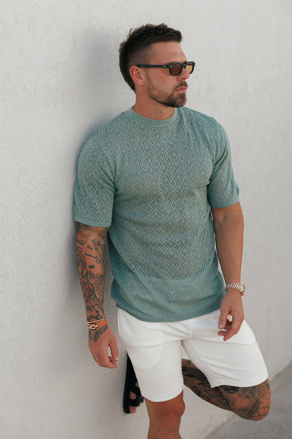 Father Sons Crochet Crew T-Shirt Light Green Short Sleeve - FSJ091
