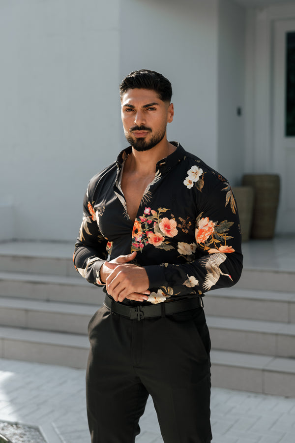 Father Sons Super Slim Stretch Black Crane Print Long Sleeve with Button Down Collar - FS772