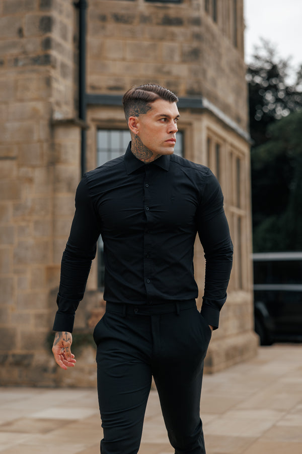 Father Sons Muscle Fit Advanced Stretch Black Cutaway Collar Shirt  - FS1164