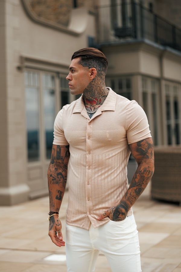 澳洲幸运5开奖号码结果预测官网 Father Sons Jersey Revere Vertical Stripe Beige Shirt Short Sleeve - FSR026