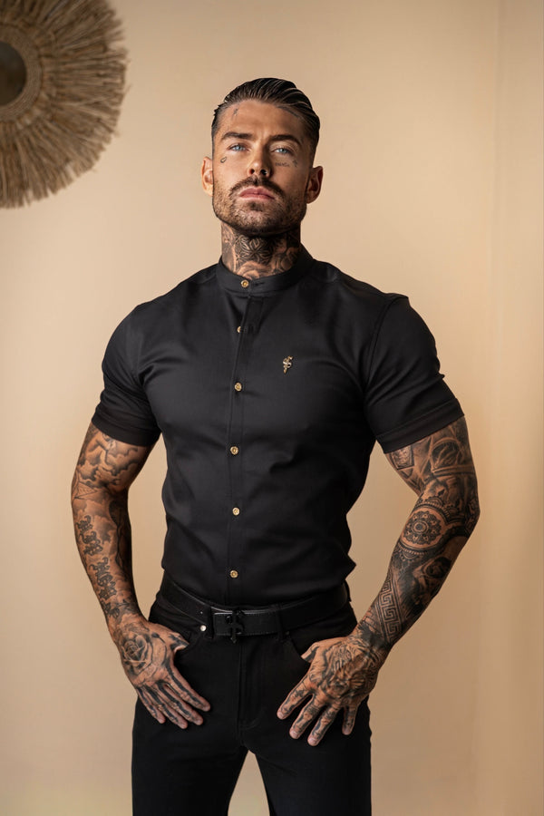 Father Sons Super Slim Stretch Black Denim Short Sleeve Grandad collar with Metal Buttons and Decal Emblem - FS708