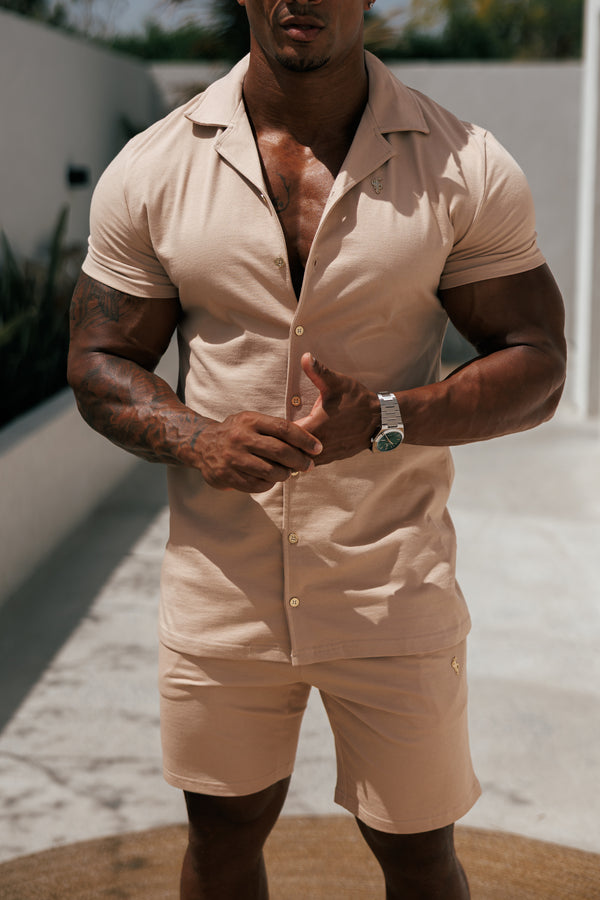 Father Sons Stretch Beige / Gold Pique Revere Shirt Short Sleeve - FSH1075