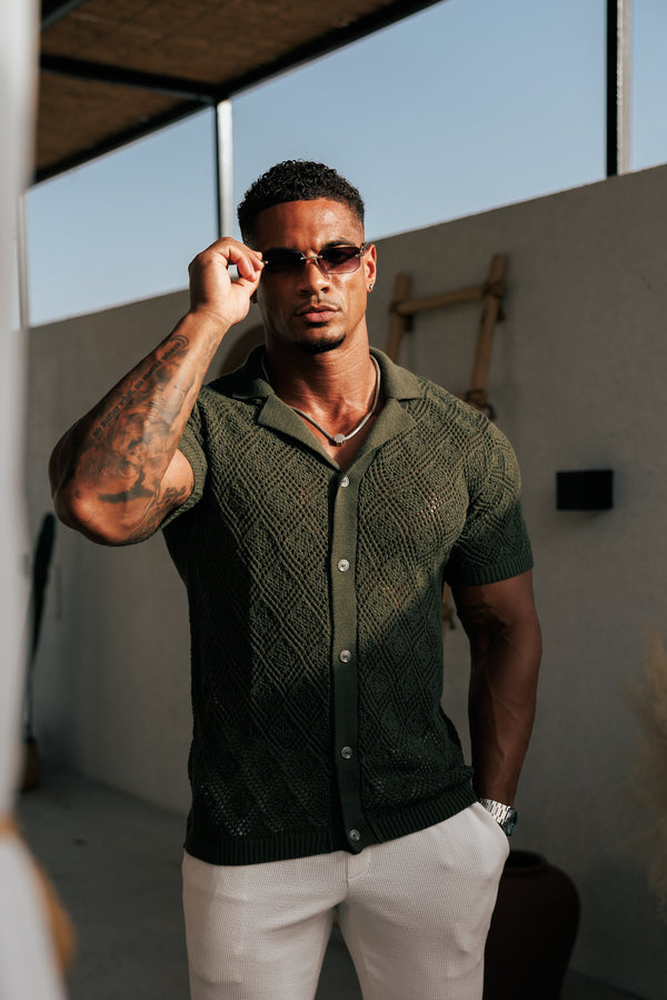 Father Sons Crochet Shirt Deep Olive Short Sleeve - FSJ081