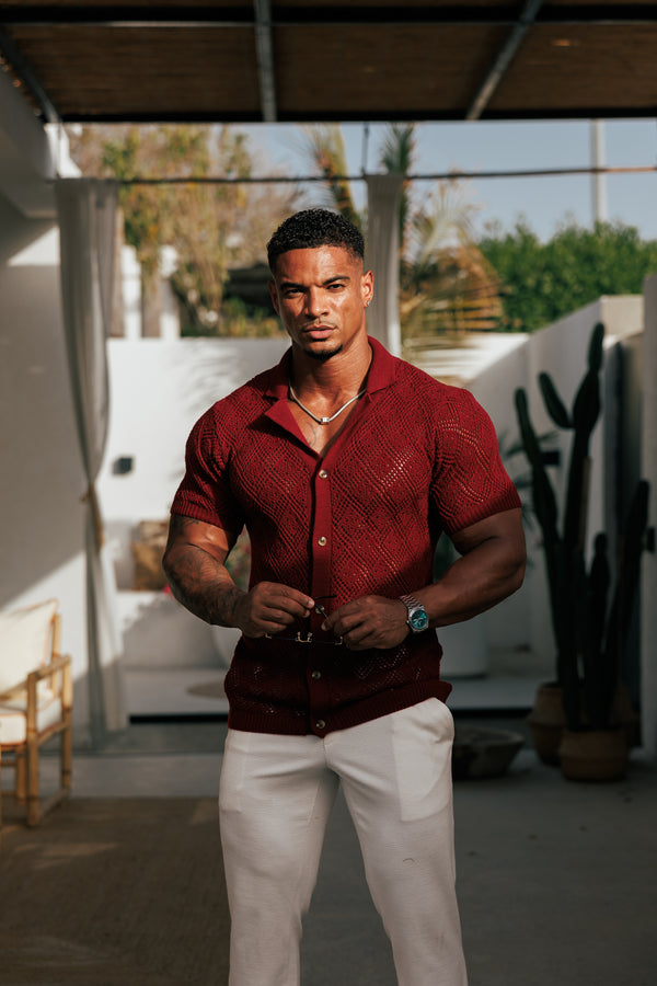Father Sons Crochet Shirt Wine Short Sleeve - FSJ082