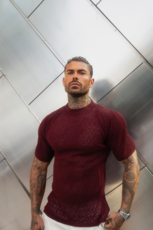 Father Sons Crochet Crew T-Shirt Burgundy Short Sleeve - FSJ089