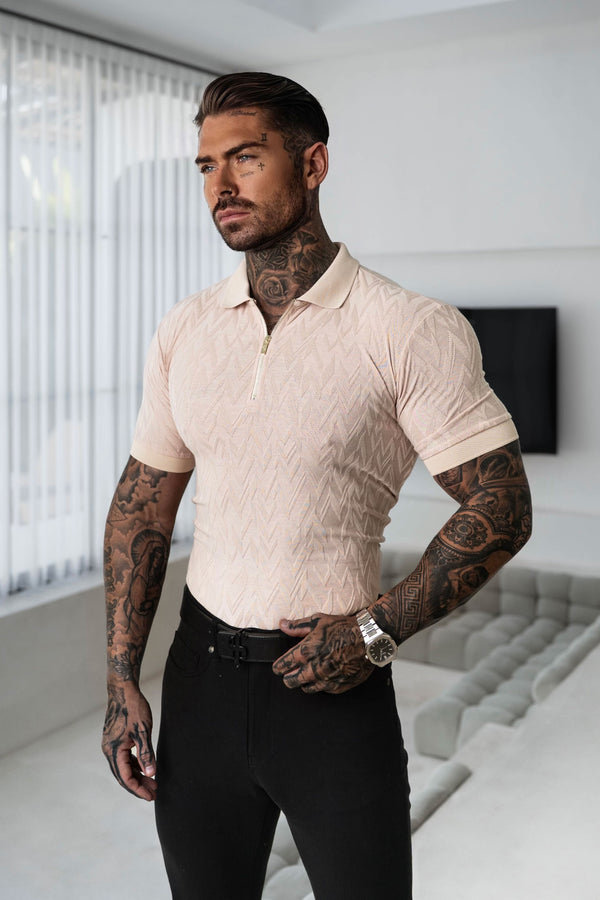 Father Sons Classic Jacquard Beige Chevron Zipped Polo - FSR023