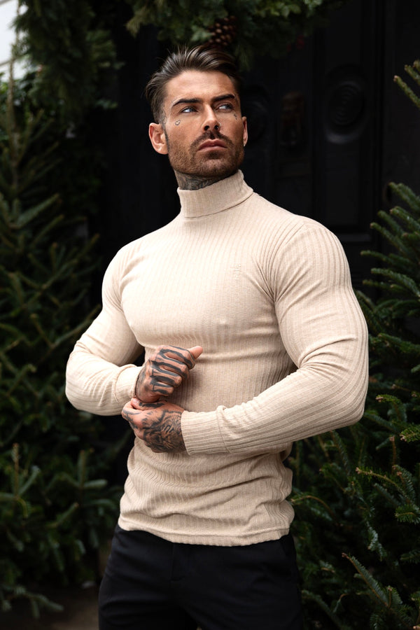 Father Sons Classic Beige Ribbed Knit Roll-neck Jumper - FSH959