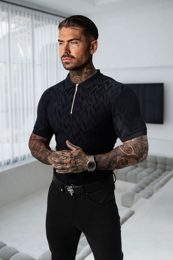 Father Sons Classic Jacquard Black Chevron Zipped Polo - FSR019