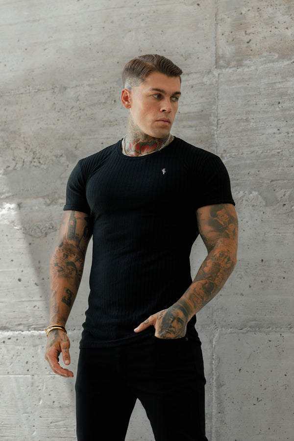 Father Sons Classic Black / Silver Ribbed Knit Super Slim Short Sleeve Crew - FSH1369
