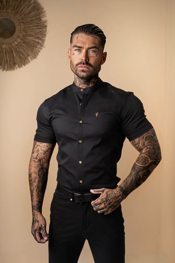 Father Sons Super Slim Stretch Black Denim Short Sleeve Grandad collar with Metal Buttons and Decal Emblem - FS708