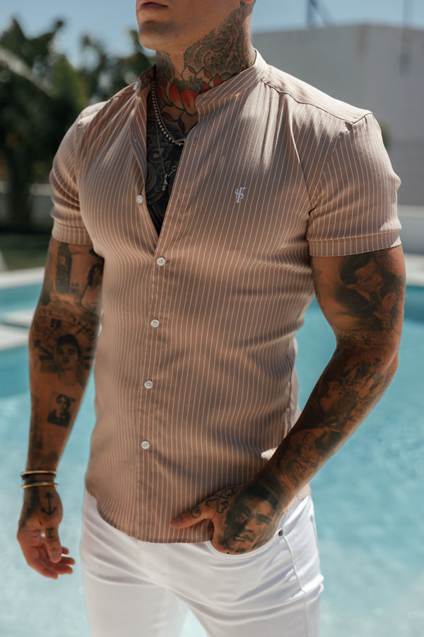 Father Sons Super Slim Stretch Taupe Printed Pinstripe Short Sleeve with Grandad Collar - FS1058