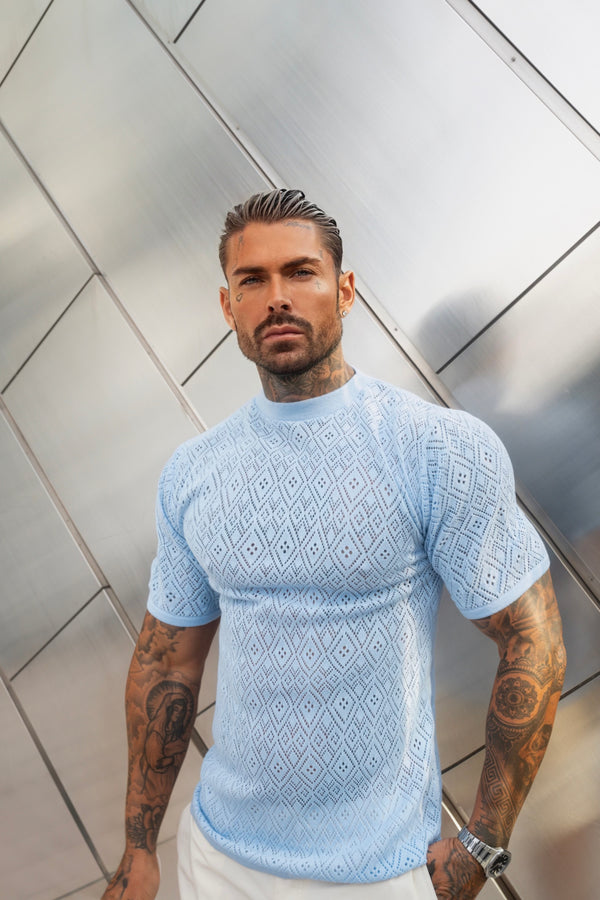 Father Sons Crochet Crew T-Shirt Blue Short Sleeve - FSJ088