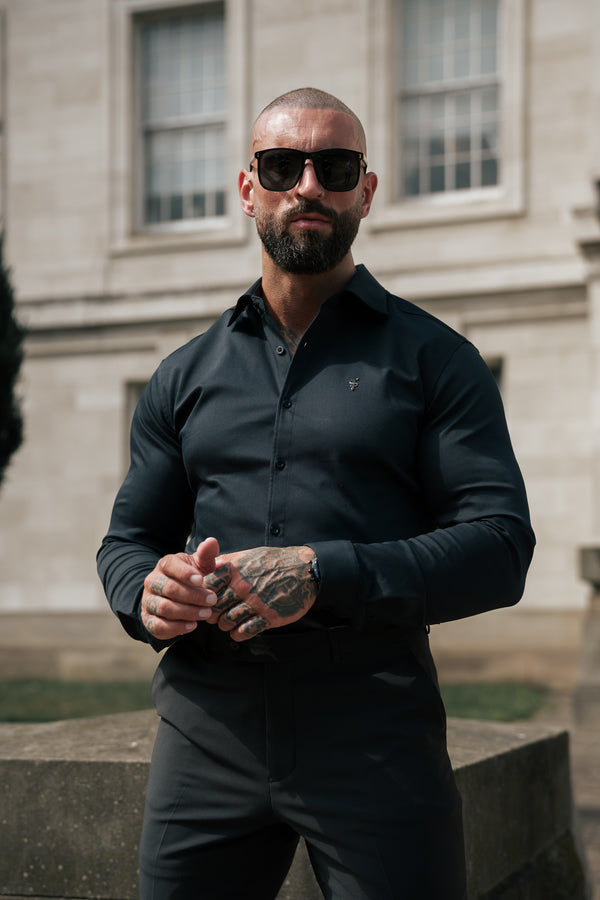 FS Super Slim Stretch Black Denim Long Sleeve with Gunmetal Metal Decal and Cutaway Collar - FS1169