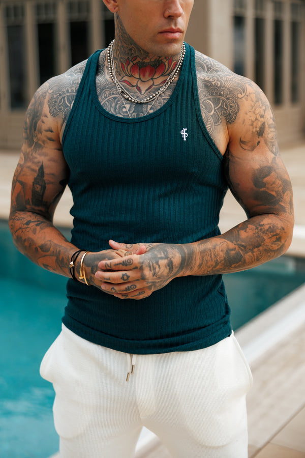 Father Sons Classic Forest Green / White Ribbed Knit Super Slim Vest - FSH1327