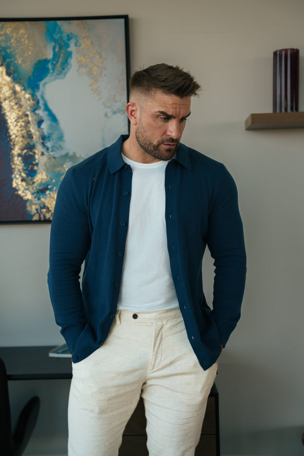 Father Sons Classic Plain New Navy Knitted Button Through Polo Long Sleeve Sleeve - FSN212