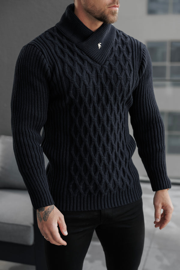 最新澳洲幸运5开奖结果体彩网站 Father Sons Chunky Cable Knit Black Jumper - FSJ002